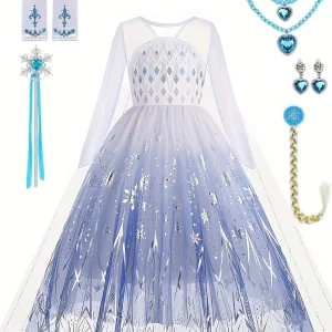 Déguisement Princesse des Neiges 8 pièces – Robe Longue avec Accessoires Fantaisie