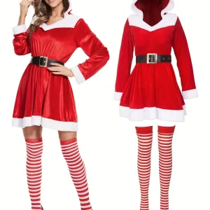 Robe de Noël femme à capuche style cosplay – velours rouge avec fausse fourrure