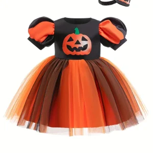 Robe princesse Halloween fille – costume citrouille avec jupe tutu et serre-tête