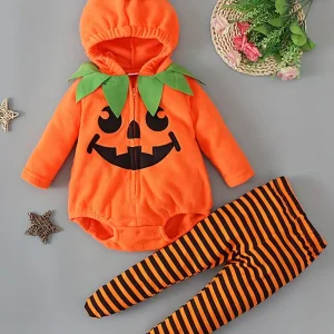 Ensemble bébé garçon Halloween 2 pièces – combinaison citrouille à capuche + pantalon rayé