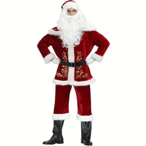 Costume complet Père Noël homme 9 pièces avec barbe, perruque et accessoires