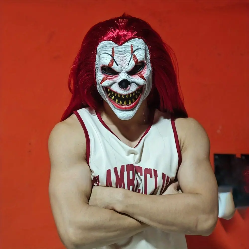 Masque de clown réaliste avec cheveux ondulés – latex effrayant pour Halloween