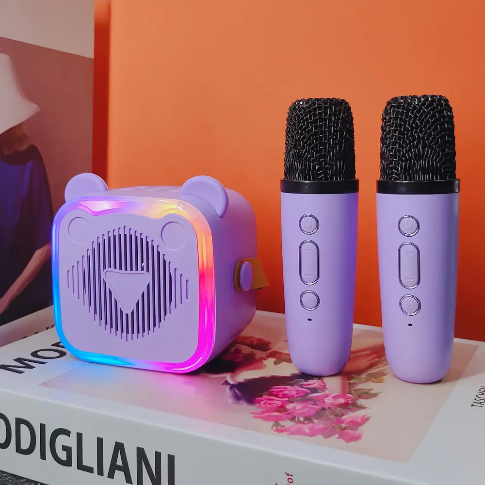 Mini karaoké portable avec 2 micros sans fil LED – idéal soirées et enfants