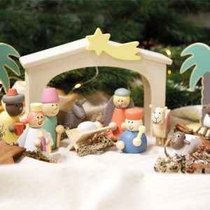 Crèche de Noël en Bois – Set Complet de 15 Pièces