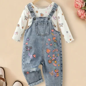 Ensemble bébé fille 2 pièces – haut floral manches longues et salopette en jean
