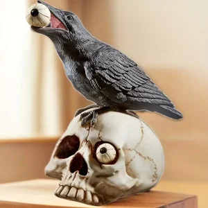 Décoration Halloween crâne avec corbeau – Effet réaliste pour ambiance macabre