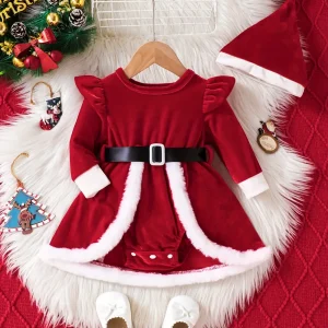 Robe bébé Noël en peluche chaude avec manches longues et bonnet assorti