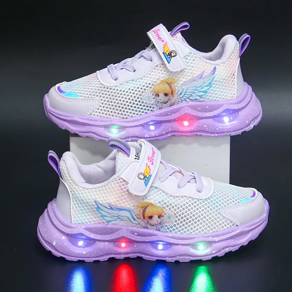 Baskets LED enfant avec ailes lumineuses et étoiles – maille respirante rose – Image 3