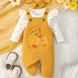 Ensemble 3 pièces bébé fille – barboteuse cœur, salopette velours, bandeau assorti