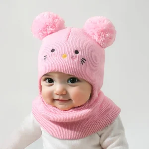 Bonnet enfant tricoté avec oreilles de chat et cache-cou assorti – 1 pièce