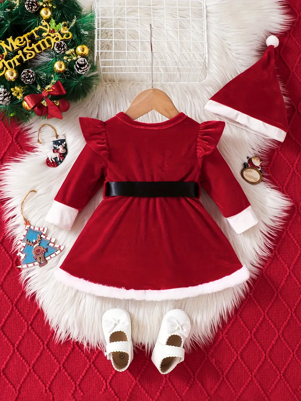 Robe bébé Noël en peluche chaude avec manches longues et bonnet assorti – Image 3