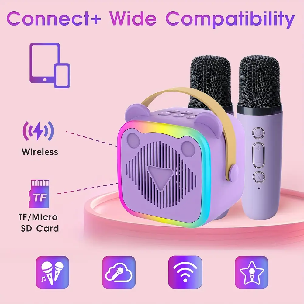 Karaoké sans fil avec 2 micros – enceinte rechargeable et lumières LED multicolores