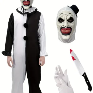 Costume de clown d’horreur pour homme – combinaison zippée avec visage sanglant