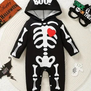 Combinaison garçon à capuche avec imprimé crâne mignon – manches longues coton