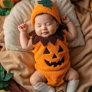 Déguisement bébé citrouille en peluche – ensemble 2 pièces avec chapeau amusant