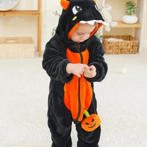 Grenouillère bébé à capuche dinosaure motif citrouille – polaire douce