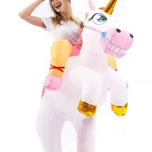 Costume licorne gonflable femme avec sabots dorés – idéal Halloween et fêtes