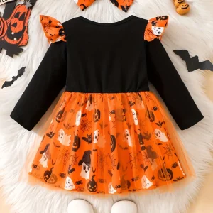 Robe bébé Halloween à manches longues – tissu doux motif citrouille confortable