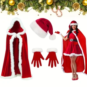 Accessoires de costume de Père Noël en velours avec cape, chapeau et gants