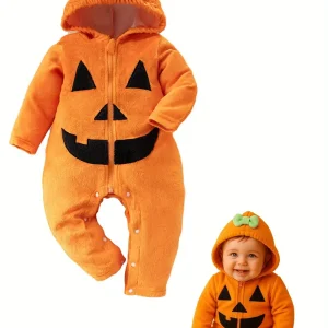 Combinaison bébé citrouille à capuche – déguisement Halloween en coton doux
