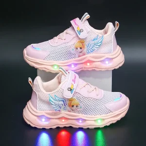 Baskets LED enfant avec ailes lumineuses et étoiles – maille respirante rose