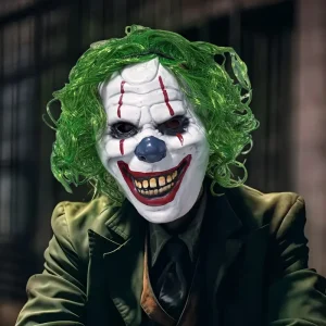 Masque clown effrayant en latex avec cheveux verts – accessoire Halloween adulte