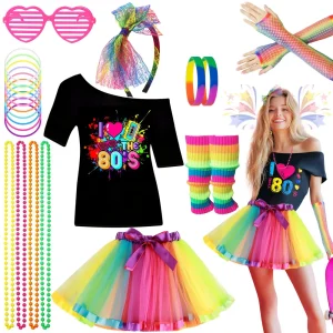 Déguisement femme années 80 – robe néon, jambières, gants et accessoires rétro