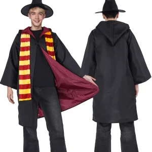 Costume sorcier 3 pièces – cape à manches longues, chapeau, écharpe rayée