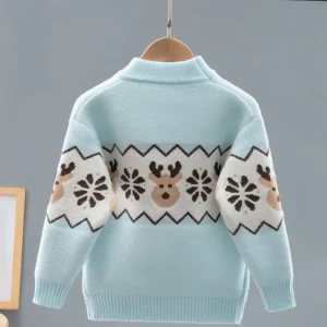 Pull de Noël enfant col rond avec motif renne et flocons en maille douce