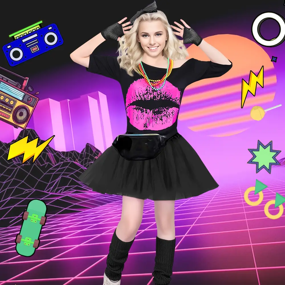 Déguisement femme années 80 – ensemble 29 pièces accessoires rétro fluo party – Image 8