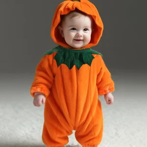 Combinaison bébé en peluche citrouille avec capuche – déguisement doux Halloween