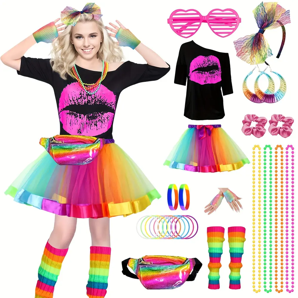 Déguisement femme années 80 – ensemble 29 pièces accessoires rétro fluo party – Image 7