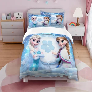 Parure de lit 3 pièces motif Reine des Neiges – housse douce + 2 taies