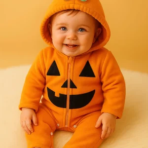 Barboteuse bébé Halloween en peluche à capuche citrouille avec tige 3D