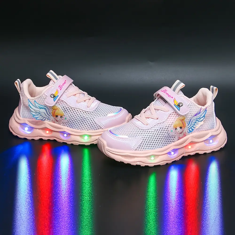Baskets LED enfant avec ailes lumineuses et étoiles – maille respirante rose – Image 5