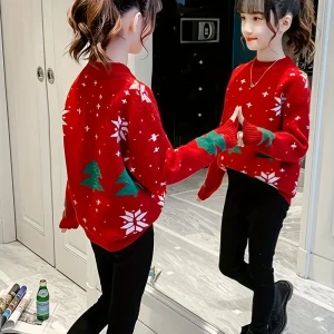 Pull de Noël enfant fille – motif renne en maille chaude style décontracté
