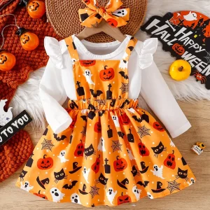 Tenue Halloween bébé fille – body citrouille avec jupe en tulle et foulard assorti