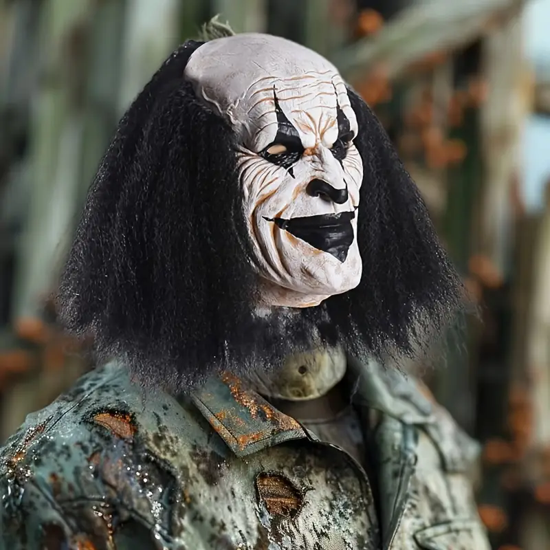 Masque de clown tueur en latex réaliste avec perruque bouclée – Halloween horreur