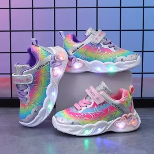 Baskets LED fille à motifs lumineux étoilés – semelle confort et dessus PU