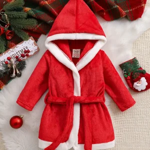 Peignoir enfant en polaire douce avec capuche et bordure blanche – style Noël