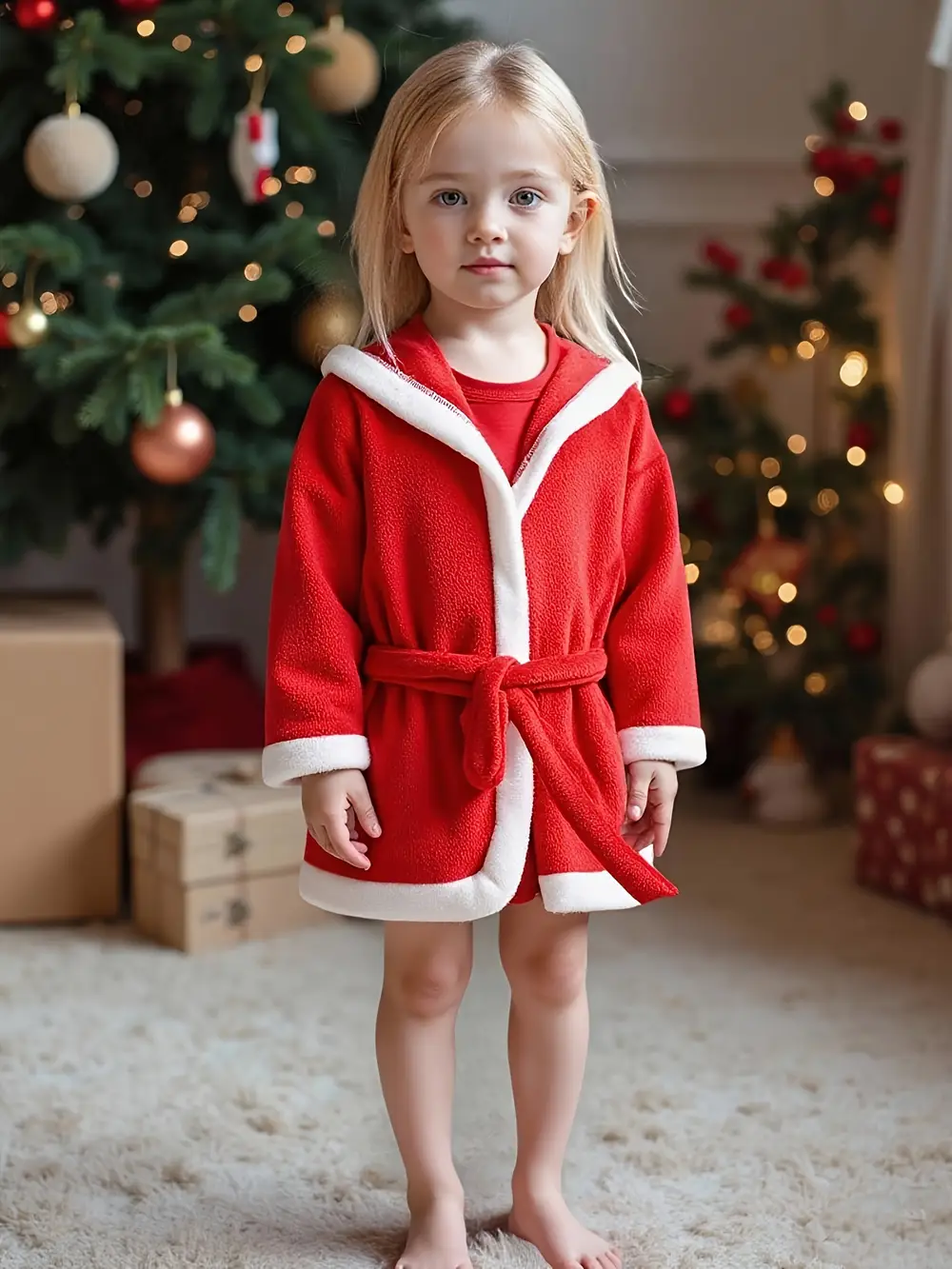 Peignoir enfant en polaire douce avec capuche et bordure blanche – style Noël – Image 2