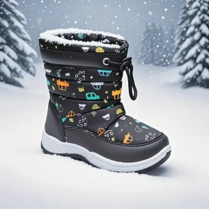 Bottes de neige enfant doublées polaire avec motifs camping – semelle antidérapante