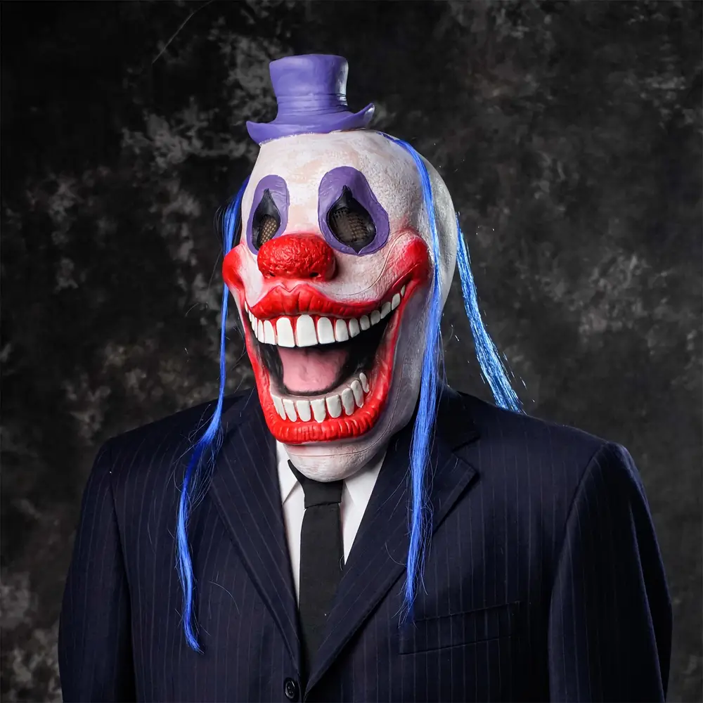 Masque de clown effrayant avec chapeau et perruque – déguisement Halloween réaliste