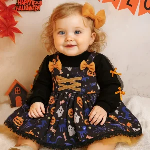 Robe bébé fille Halloween – citrouille imprimée avec chapeau de sorcière assorti