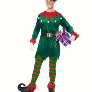 Costume de lutin de Noël en polyester avec ceinture – tenue festive roleplay