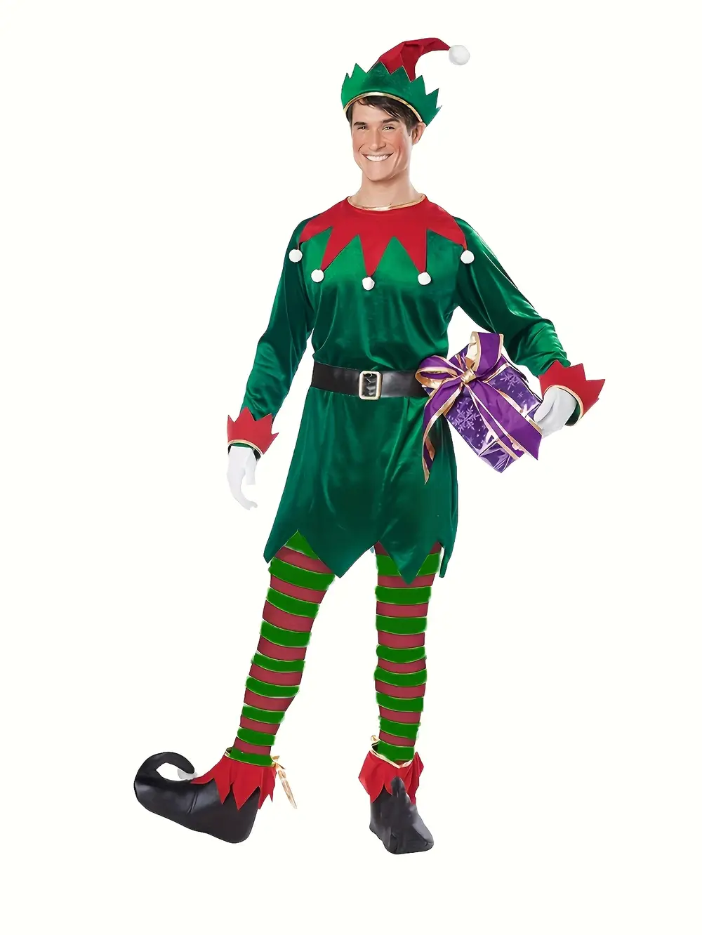 Costume de lutin de Noël en polyester avec ceinture – tenue festive roleplay
