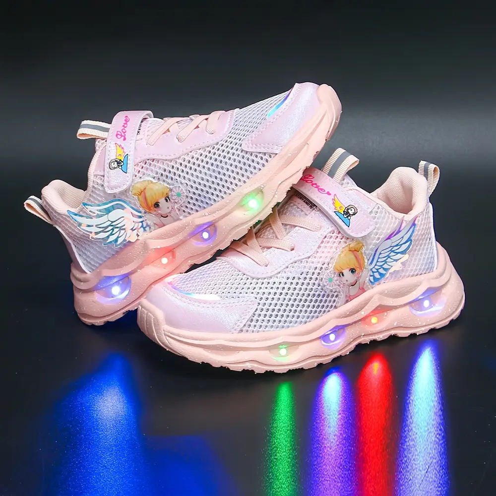 Baskets LED enfant avec ailes lumineuses et étoiles – maille respirante rose – Image 4
