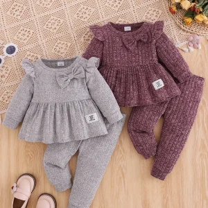 Ensemble naissance bébé fille 2 pièces – pull côtelé avec patch lettre + pantalon