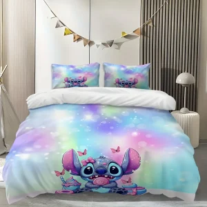 Parure de lit 3 pièces motif Lilo & Stitch – housse de couette et taies d’oreiller