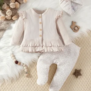 Ensemble naissance bébé fille 3 pièces – body à manches longues, pantalon et bonnet floral